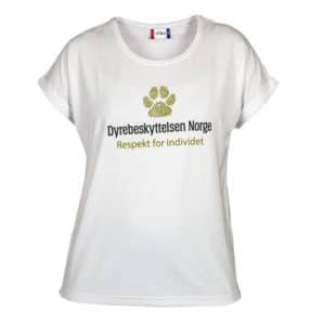 Hvit t-skjorte dame med Dyrebeskyttelsen Norges logo