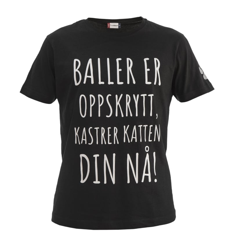t-skjorte_baller_sort_w Svart t-skjorte unisex med teksten "Baller er oppskrytt, kastrer katten din nå!"